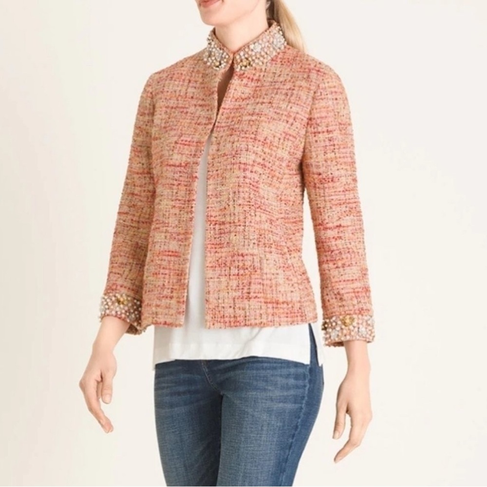 Chico’s Size 3 / XL / 16 Women's Tweed Jacket Beaded Blazer Pink Orange Sunset